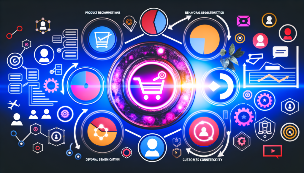 Imagem com ícones coloridos representando estratégias de marketing digital, como recomendações de produtos, segmentação comportamental e conexão com o cliente, centralizados em um gráfico que mostra um carrinho de compras, simbolizando e-commerce e análise de dados.