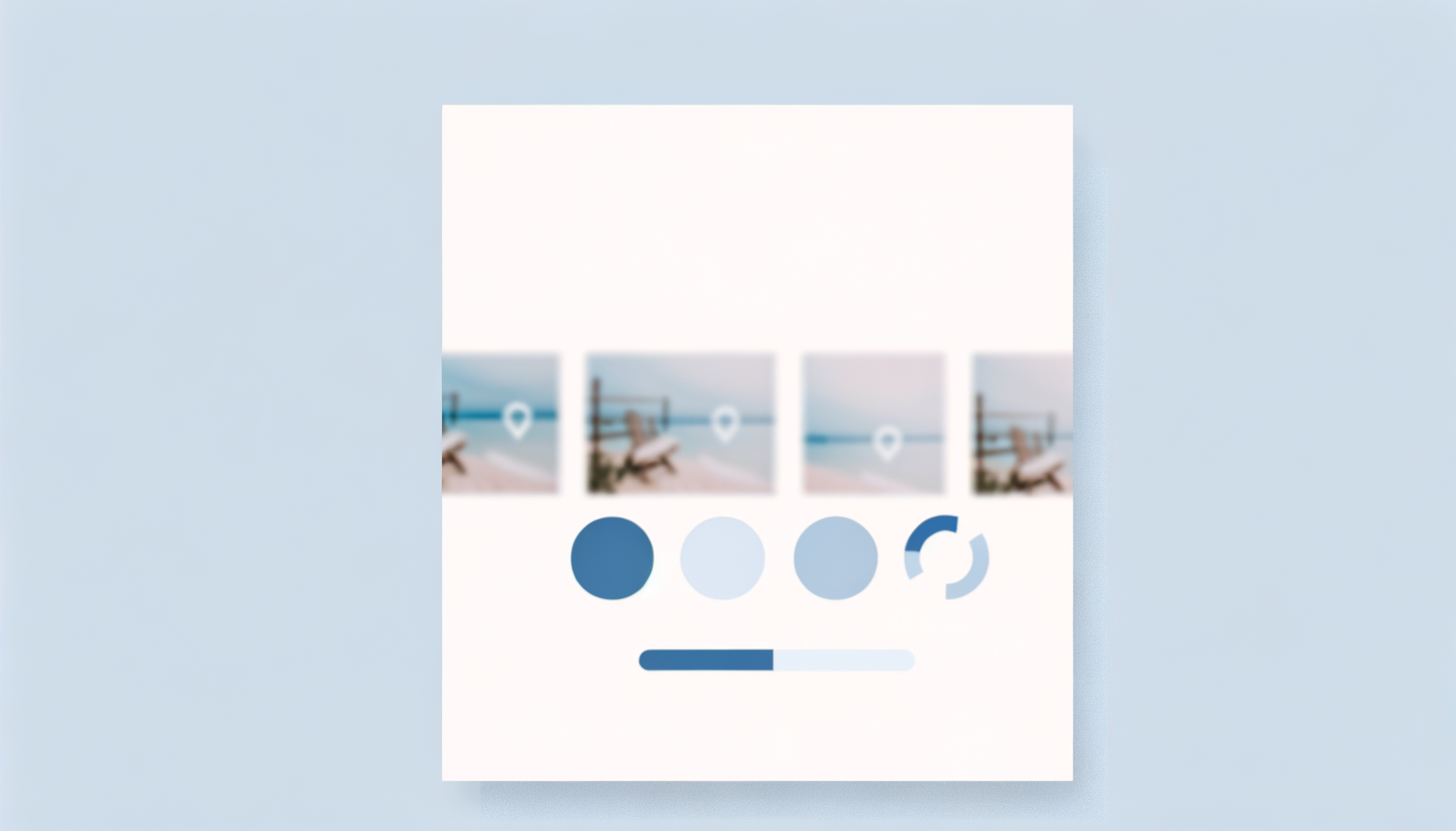 Imagem composta por miniaturas de fotos de uma praia com cadeiras de sol e um fundo de céu azul. Abaixo, várias paletas de cores em tons de azul e um indicador de carregamento, sugerindo um design digital que enfatiza a estética relaxante.