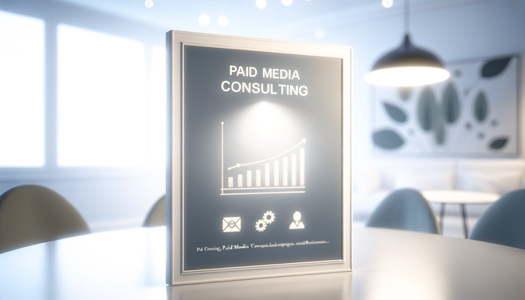 Imagem de um quadro com a inscrição "Consultoria em Mídias Pagas", ilustrando um gráfico de crescimento e ícones de e-mail, engrenagens e uma silhueta de pessoa. Ambiente moderno e iluminado, ideal para promover serviços de marketing digital.