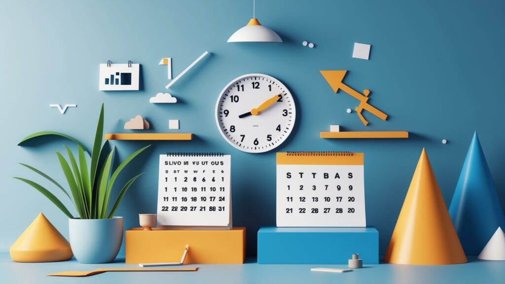 Composição visual colorida com um relógio de parede, dois calendários, uma planta verde e formas geométricas, representando a organização do tempo e produtividade em um ambiente moderno e criativo.