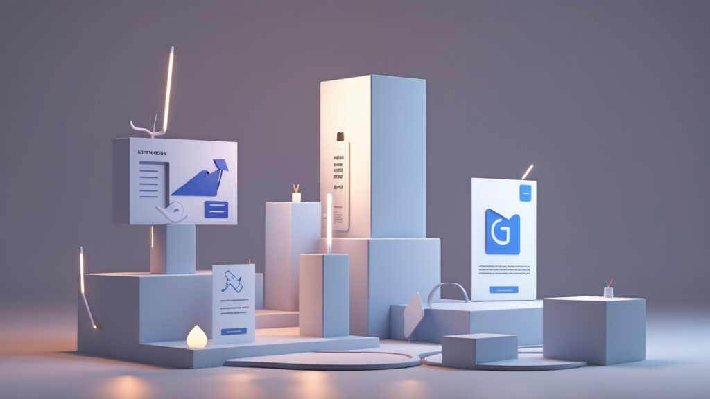 Cenário tridimensional minimalista com várias estruturas geométricas brancas, destacando telas e painéis informativos sobre inovação e design. Elementos iluminados criam uma atmosfera moderna e tecnológica, ideal para temas de criatividade e comunicação digital.