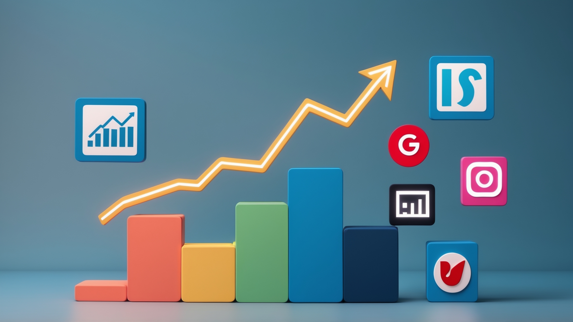 Gráfico de crescimento em blocos de cores mostrando uma tendência ascendente, com ícones de plataformas digitais como Google e Instagram ao fundo, simbolizando análise de dados e marketing digital.