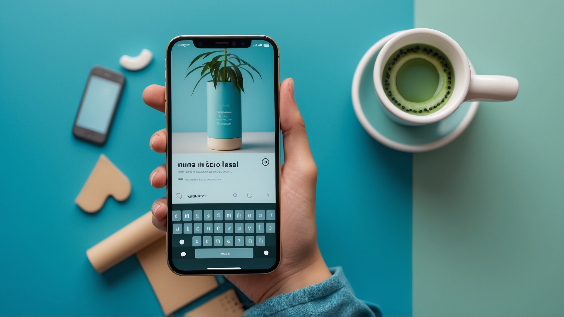 Pessoa segurando um smartphone com uma aplicação aberta sobre plantas, ao fundo uma xícara branca com bebida verde e itens decorativos em um ambiente moderno e colorido.