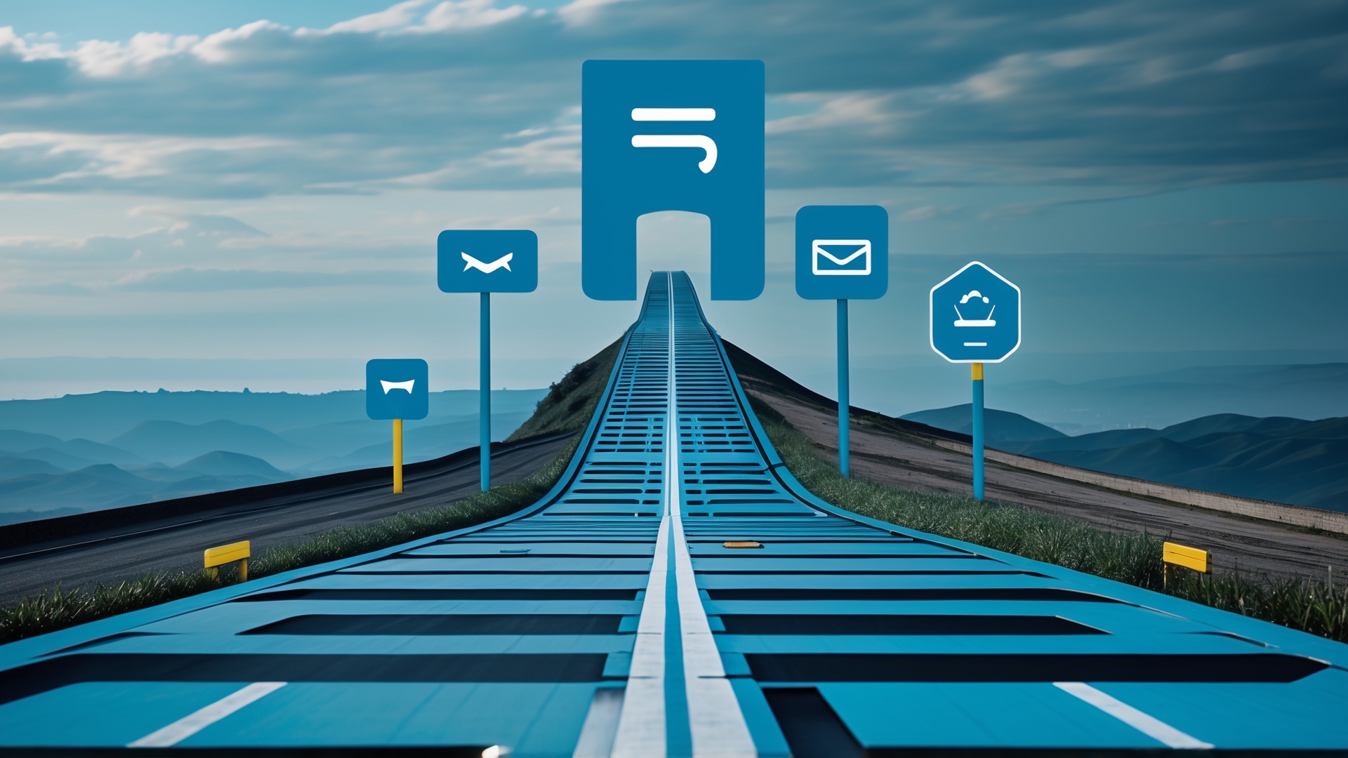 Imagem de estrada futurista com sinalizações digitais, representando comunicação e transporte, como avião e e-mail, em um cenário montanhoso sob um céu aberto.