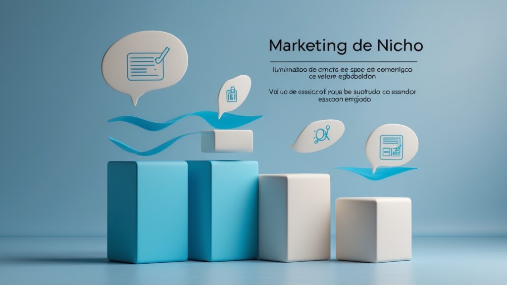 Gráfico sobre Marketing de Nicho, destacando blocos coloridos e ícones relacionados a estratégias de comunicação e marketing, em um fundo azul.