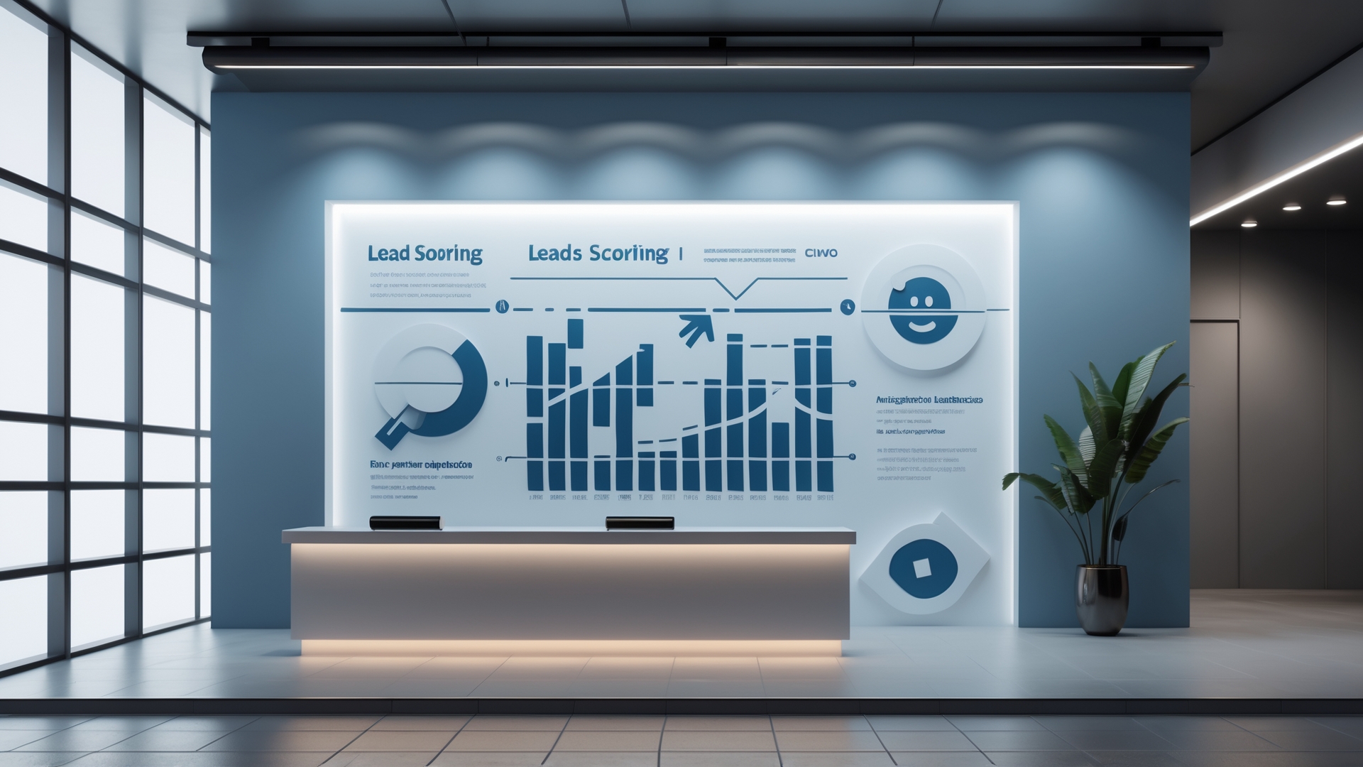 Recepção moderna com gráfico de pontuação de leads em destaque, gráficos de barras e elementos visuais explicativos sobre marketing, ao lado de planta decorativa em um ambiente iluminado.