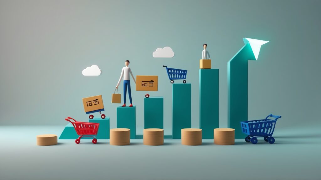 Imagem ilustrativa de crescimento no e-commerce, mostrando personagens em miniatura transportando caixas e carrinhos de compras, com gráficos ascendentes e pilhas de moedas ao fundo.
