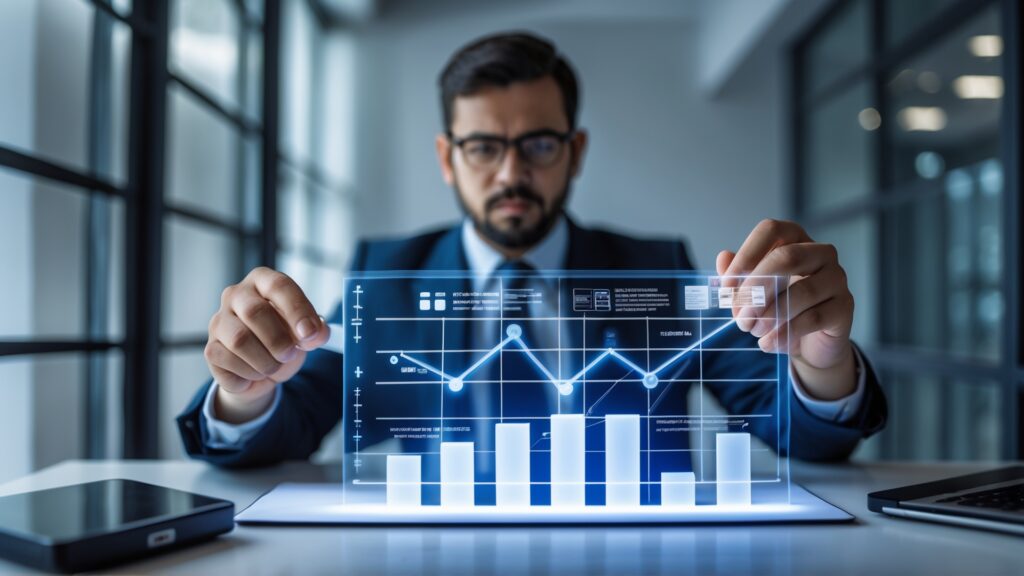 Homem de negócios analisando gráficos e dados em uma tela holográfica em um ambiente de escritório moderno. Ele usa um terno escuro e óculos enquanto interage com os dados, refletindo temas de tecnologia e análise de mercado.