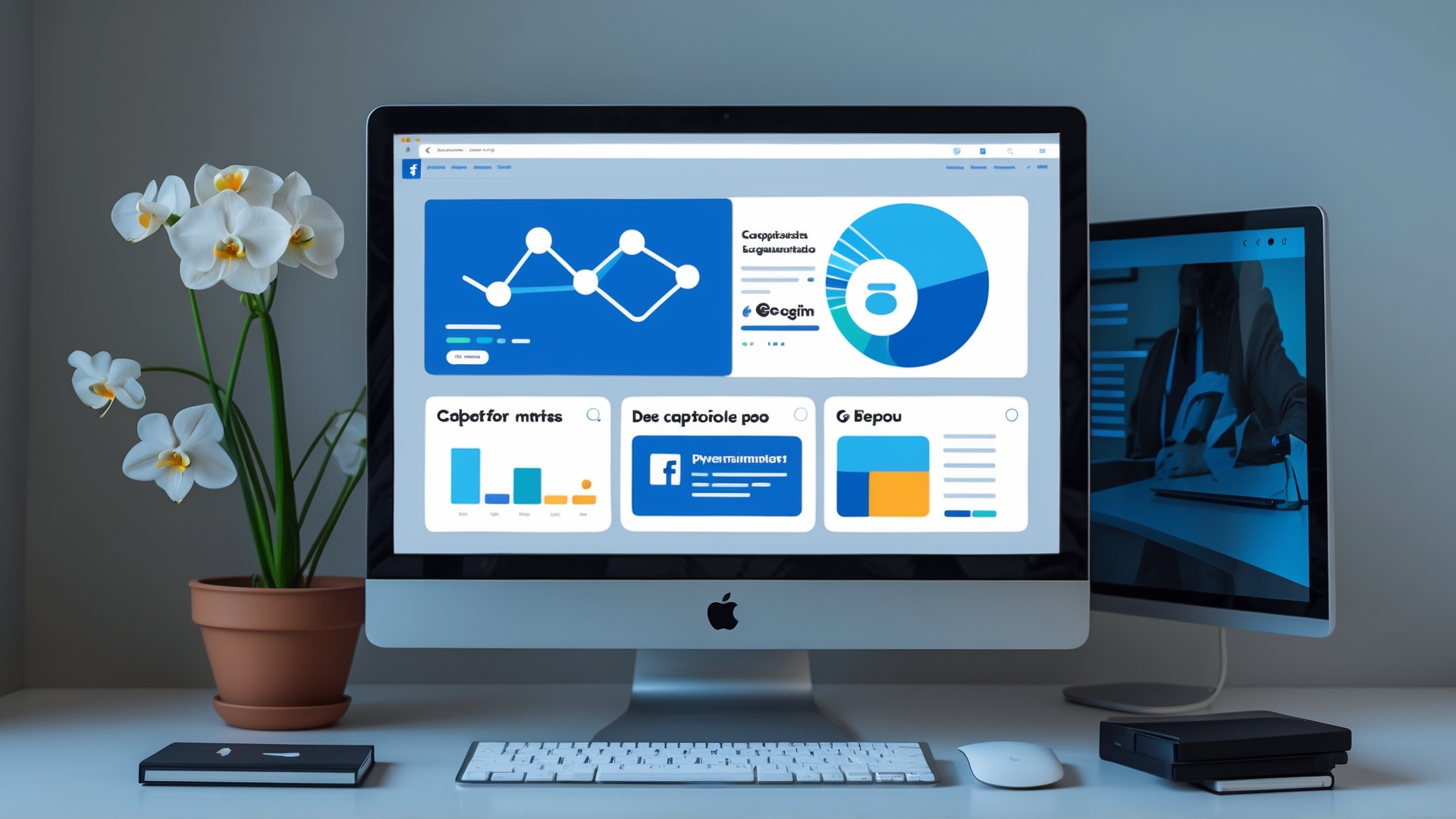 Computador com tela mostrando análise de dados e gráficos, ao lado de uma planta com flores brancas, em ambiente de escritório moderno.