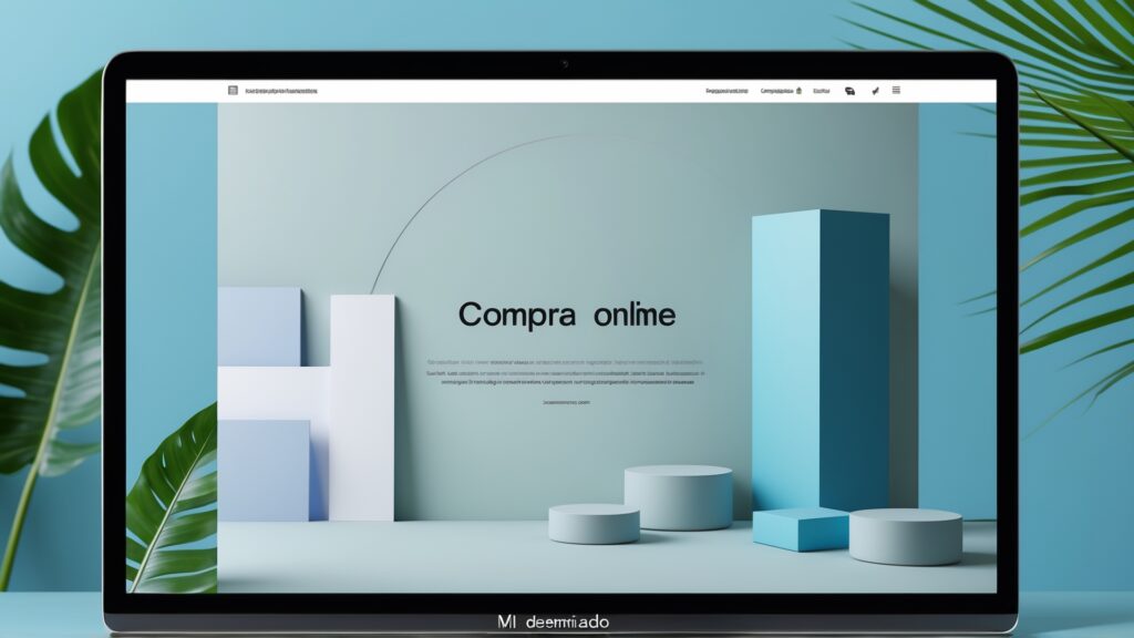 Imagem de um laptop exibindo uma página de compras online, com elementos gráficos em tons de azul e verde. O texto em destaque diz "Compra online". A composição inclui formas geométricas minimalistas, com folhas verdes ao fundo, criando um ambiente moderno e atrativo para o comércio eletrônico.