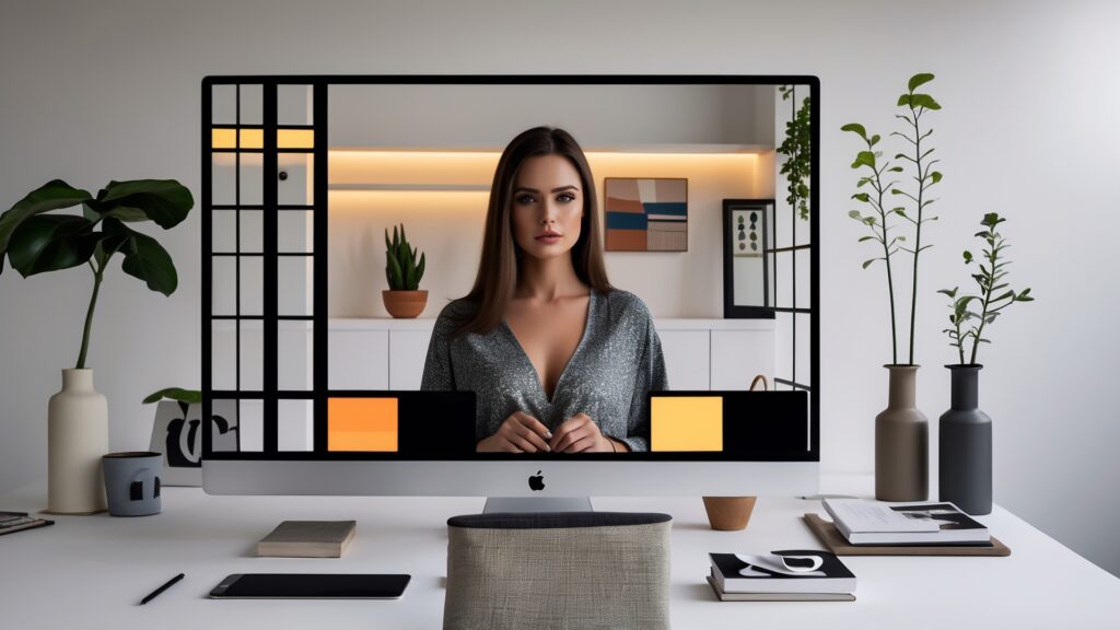 Imagem de mulher em frente a um computador iMac em um ambiente de escritório moderno e minimalista. O fundo apresenta prateleiras decorativas com plantas e quadros, enquanto a mesa possui objetos de escritório organizados, como cadernos e canetas. A mulher está vestindo uma blusa de brilho, olhando diretamente para a câmera.