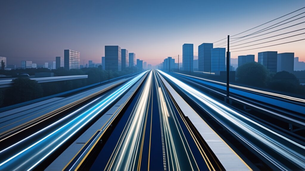 Vista aérea de uma cidade moderna ao amanhecer, com uma estrada iluminada por luzes de veículos em movimento, cercada por edifícios altos e vegetação, simbolizando o progresso urbano e a mobilidade.