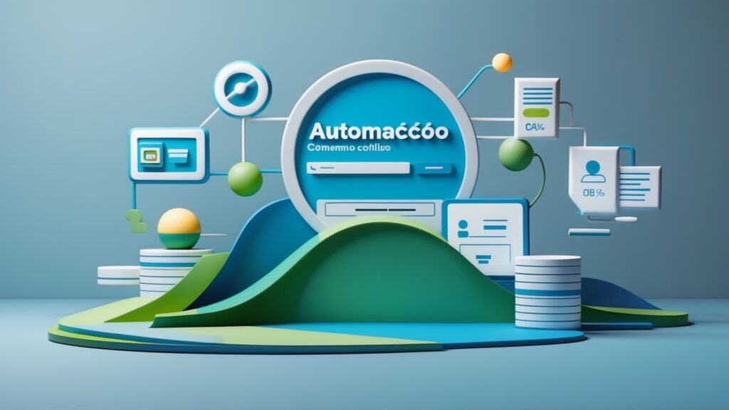 Imagem de uma composição 3D representando conceitos de automação, com elementos gráficos como gráficos, ícones de dados, uma tela de computador, e formas coloridas, destacando o tema de eficiência em processos.