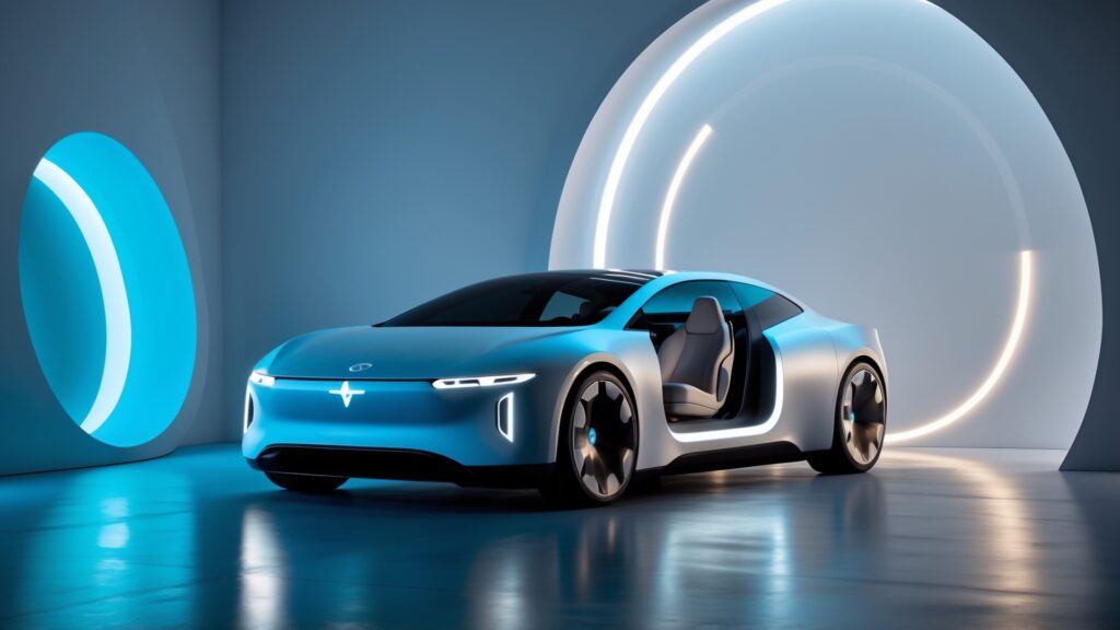 Carro futurista elétrico em um ambiente moderno, com design aerodinâmico e portas abertas, exibindo iluminação em tons de azul e esculturas luminosas ao fundo.