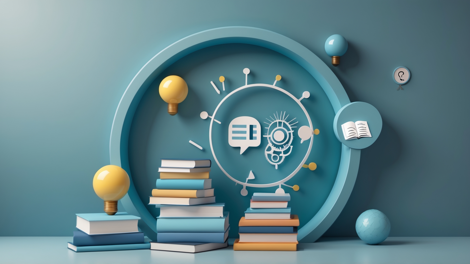 Imagem de uma composição criativa com livros empilhados, lâmpadas coloridas e elementos gráficos que simbolizam aprendizado e conhecimento. O fundo azul destaca ícones representativos de comunicação e ideias, sugerindo um ambiente educacional inspirador.