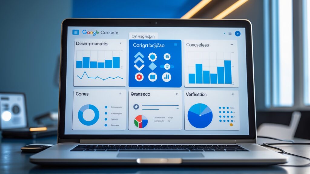 Painel do Google Console exibindo gráficos e métricas de desempenho, incluindo dados de desenvolvimento, cones e análises, em um ambiente de trabalho moderno.