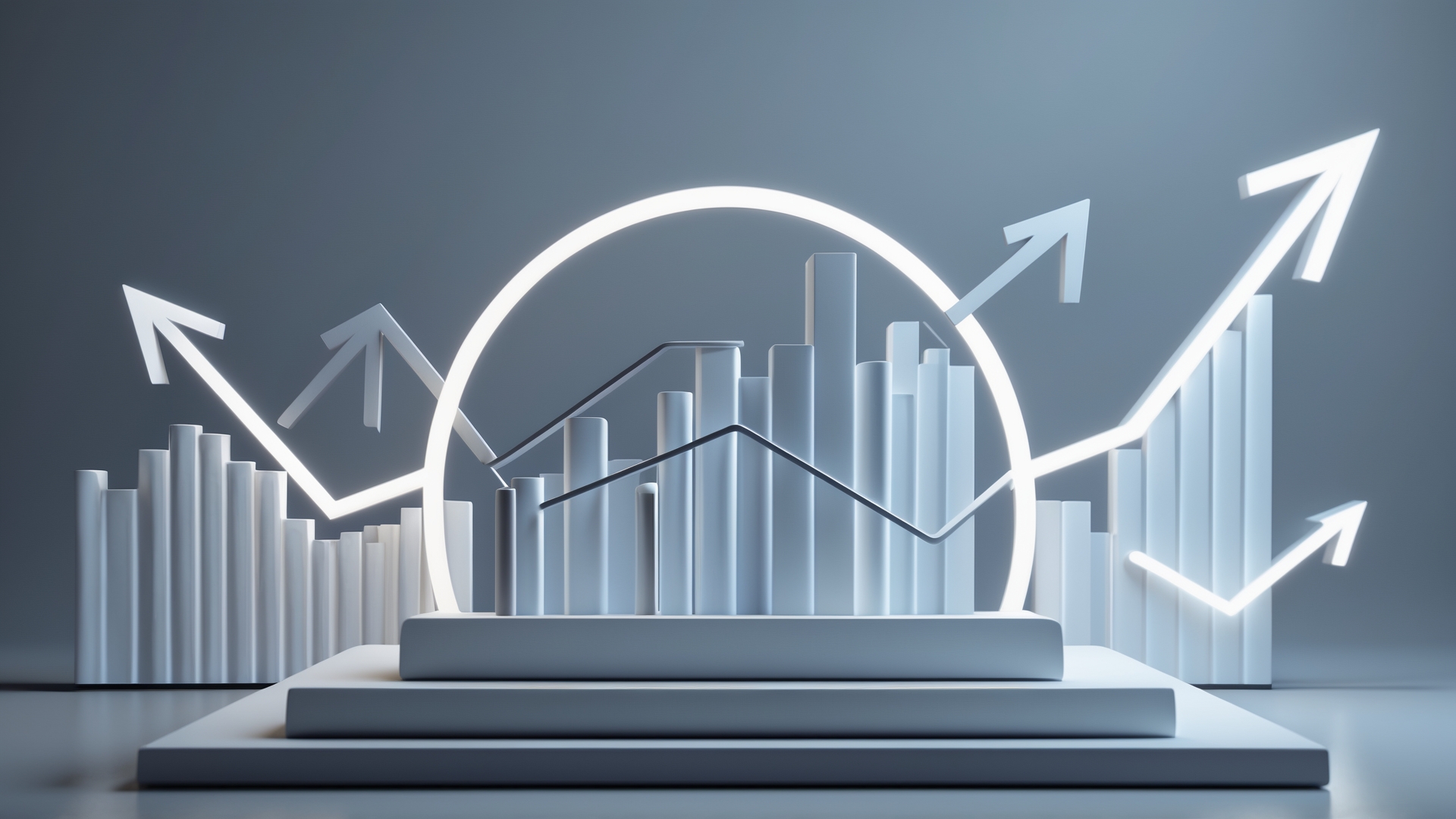 Gráfico 3D moderno representando crescimento, com barras verticais brancas e setas ascendentes em um fundo cinza. Ideal para ilustrar conceitos de análise de dados e desempenho econômico.