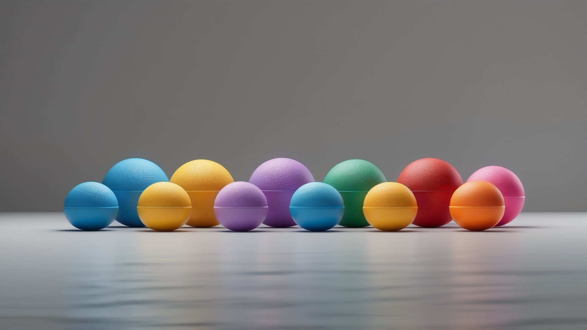 Oito ovos decorativos coloridos em diferentes tamanhos, organizados em uma superfície refletiva. As cores incluem azul, amarelo, roxo, verde, vermelho, rosa e laranja, criando um visual vibrante e atraente. Ideal para decoração de festas ou eventos.