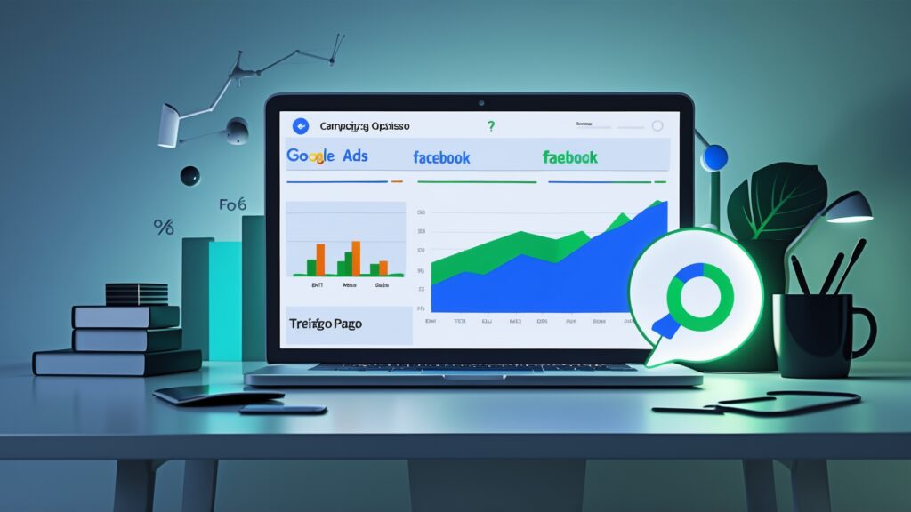 Computador exibindo gráficos de desempenho de campanhas de marketing digital nas plataformas Google Ads e Facebook, com elementos visuais como gráficos de barras e linhas, simbolizando análise de dados e otimização de campanhas.