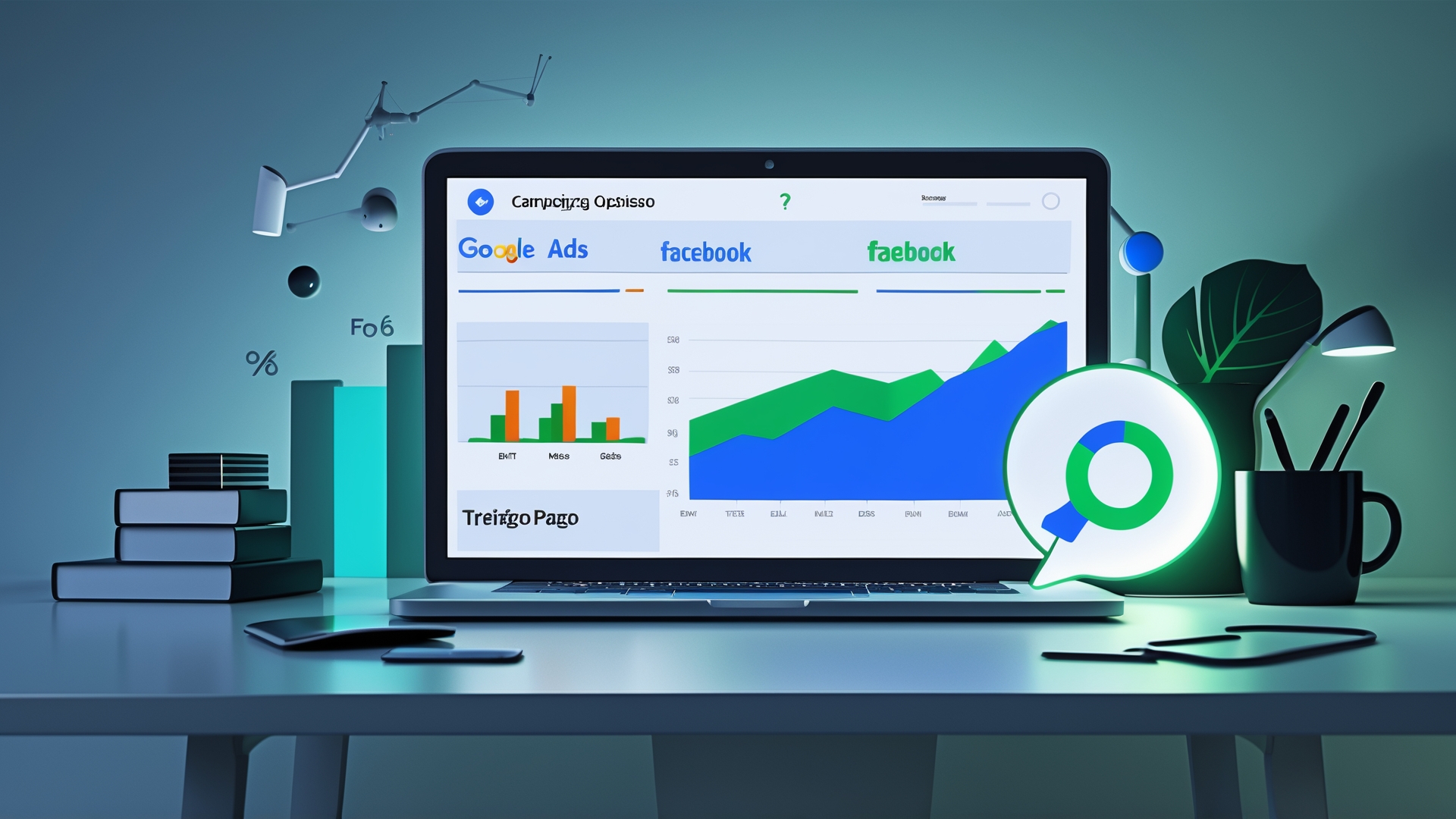 Computador exibindo gráficos de desempenho de campanhas de marketing digital nas plataformas Google Ads e Facebook, com elementos visuais como gráficos de barras e linhas, simbolizando análise de dados e otimização de campanhas.