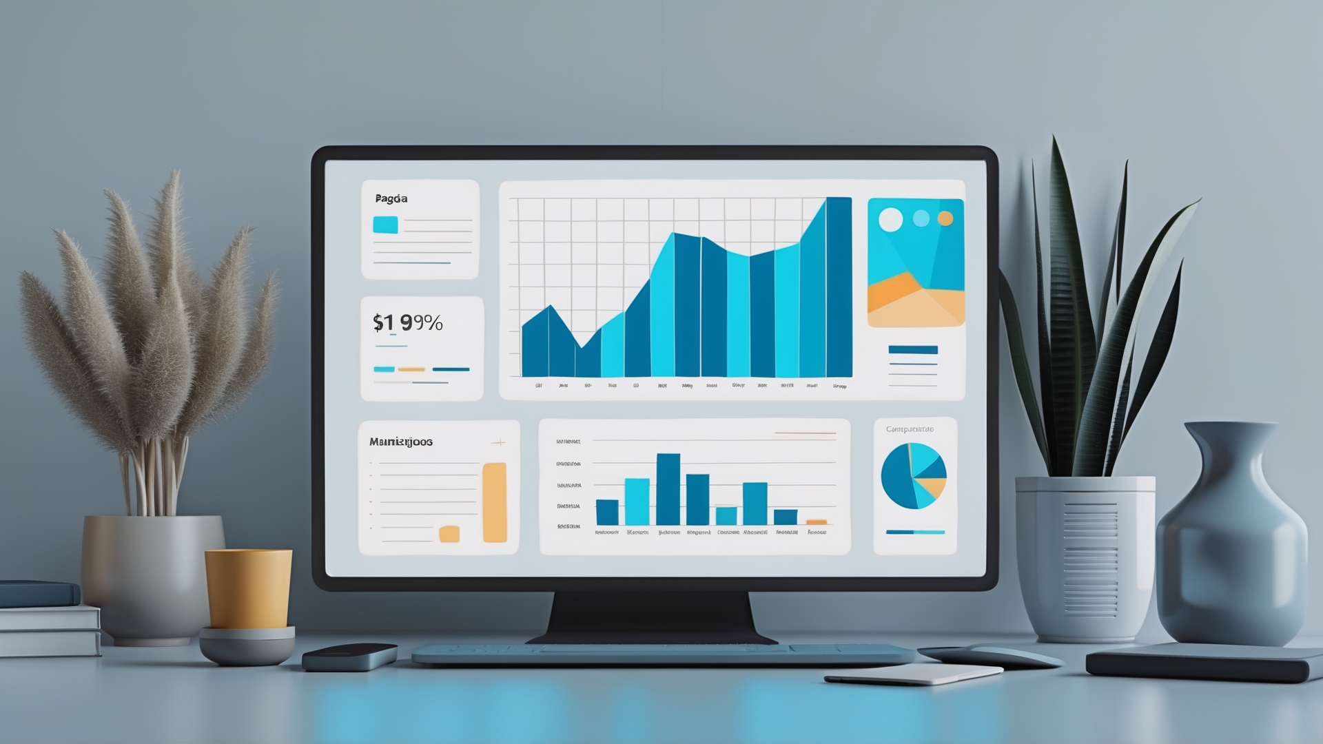 Tela de computador exibindo gráficos e dados analíticos em um ambiente de trabalho moderno, com plantas decorativas e objetos de escritório ao redor.