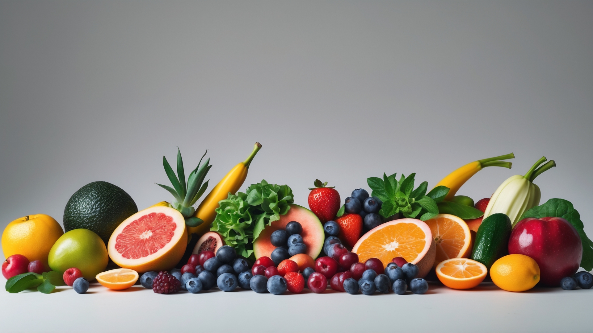 Uma variedade colorida de frutas e vegetais frescos, incluindo abacate, melão, bananas, morangos, blueberries, laranja e uvas, dispostos artisticamente sobre uma superfície clara, destacando a diversidade nutricional e apelo visual.