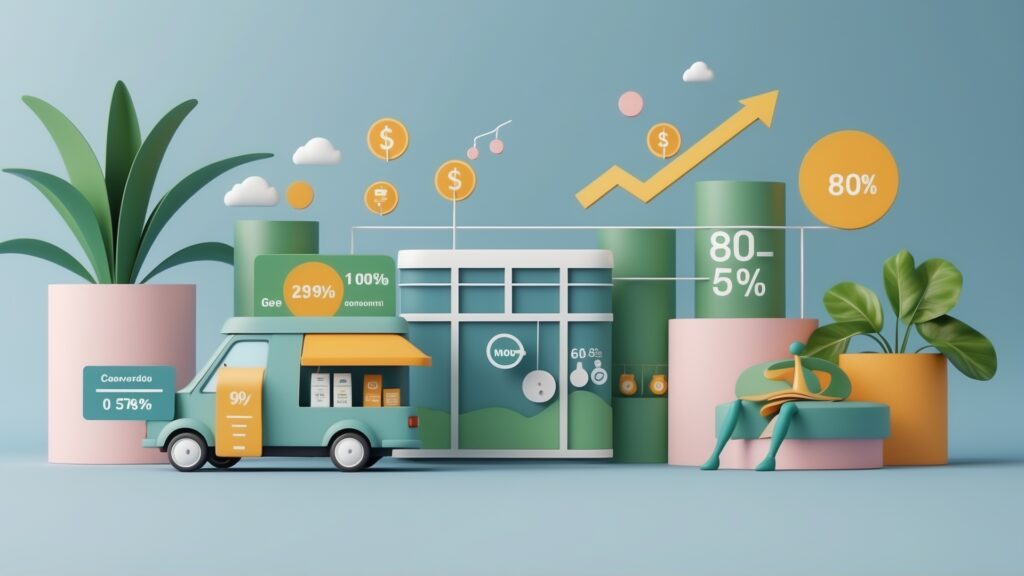 Ilustração em 3D de um ambiente moderno com gráficos de crescimento, um caminhão de vendas e elementos de marketing, simbolizando estratégias financeiras e aumento de conversões, destacando porcentagens de sucesso e dados em um fundo azul.