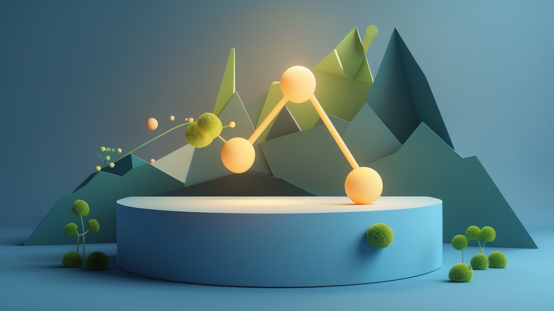 Composição abstrata em 3D, apresentando esferas e formas geométricas em relevo sobre uma base circular, com montanhas estilizadas ao fundo, criando uma atmosfera moderna e criativa. Elementos verdes adicionam um toque natural à cena.