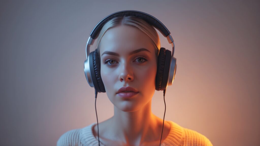 Modelo feminino usando fones de ouvido grandes em um fundo com iluminação suave, destacando detalhes do rosto e expressão atenta.