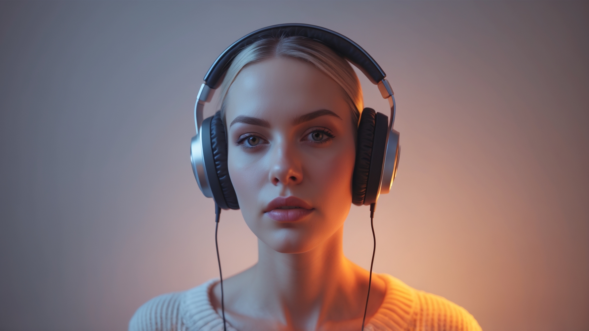 Modelo feminino usando fones de ouvido grandes em um fundo com iluminação suave, destacando detalhes do rosto e expressão atenta.
