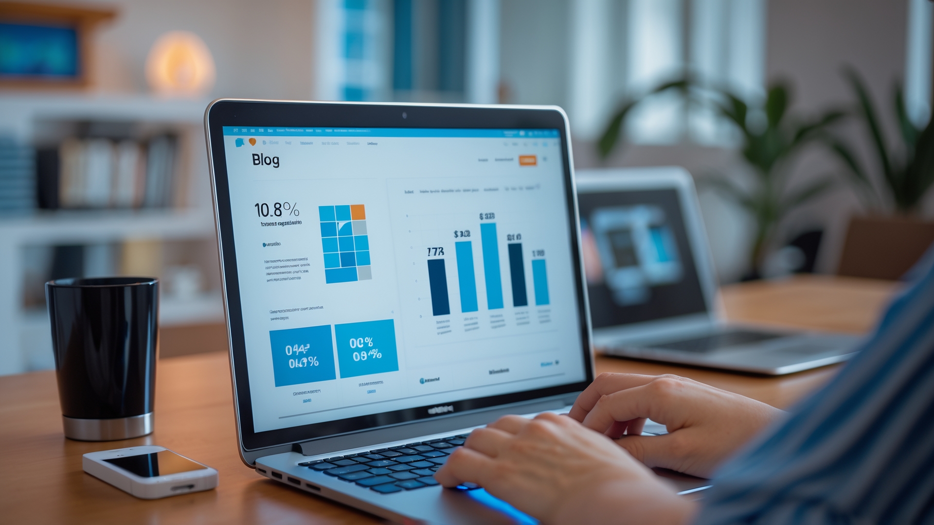 Tela de um laptop mostrando análises de desempenho de um blog, com gráficos e dados percentuais. Uma pessoa está digitando, enquanto uma caneca e um smartphone estão ao lado, em um ambiente de trabalho moderno.