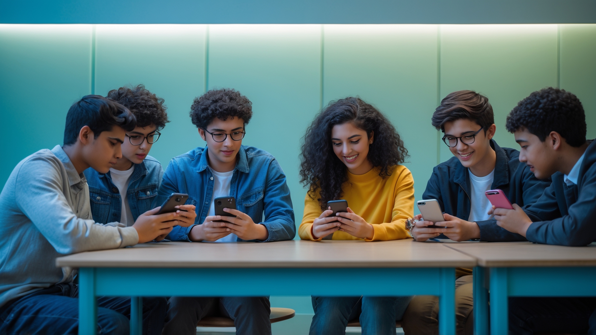 Grupo de jovens interagindo com smartphones em um ambiente moderno e iluminado, mostrando diversas expressões de concentração e alegria.