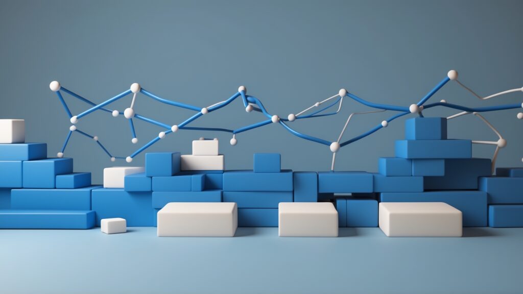 Estrutura abstrata composta por blocos azuis e brancos, com elementos de conexão em formato de linhas e esferas, representando conceitos de dados e redes, sobre fundo azul.