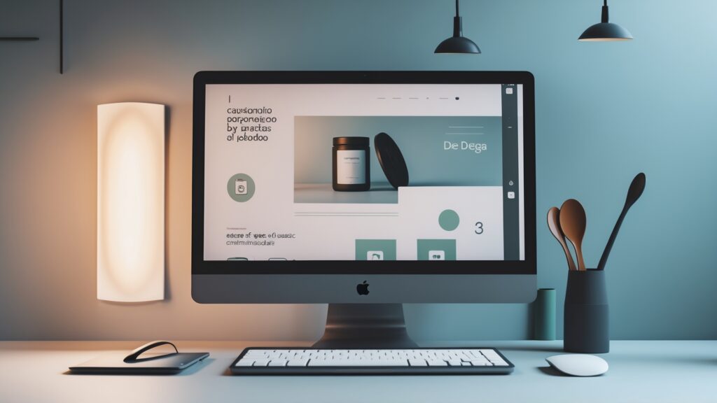 Imagem de um computador iMac com uma interface de site moderno exibindo produtos, incluindo um frasco de vidro preto. A mesa é decorada com utensílios de cozinha e uma lâmpada de parede suave. Ideal para destacar design digital e home office.