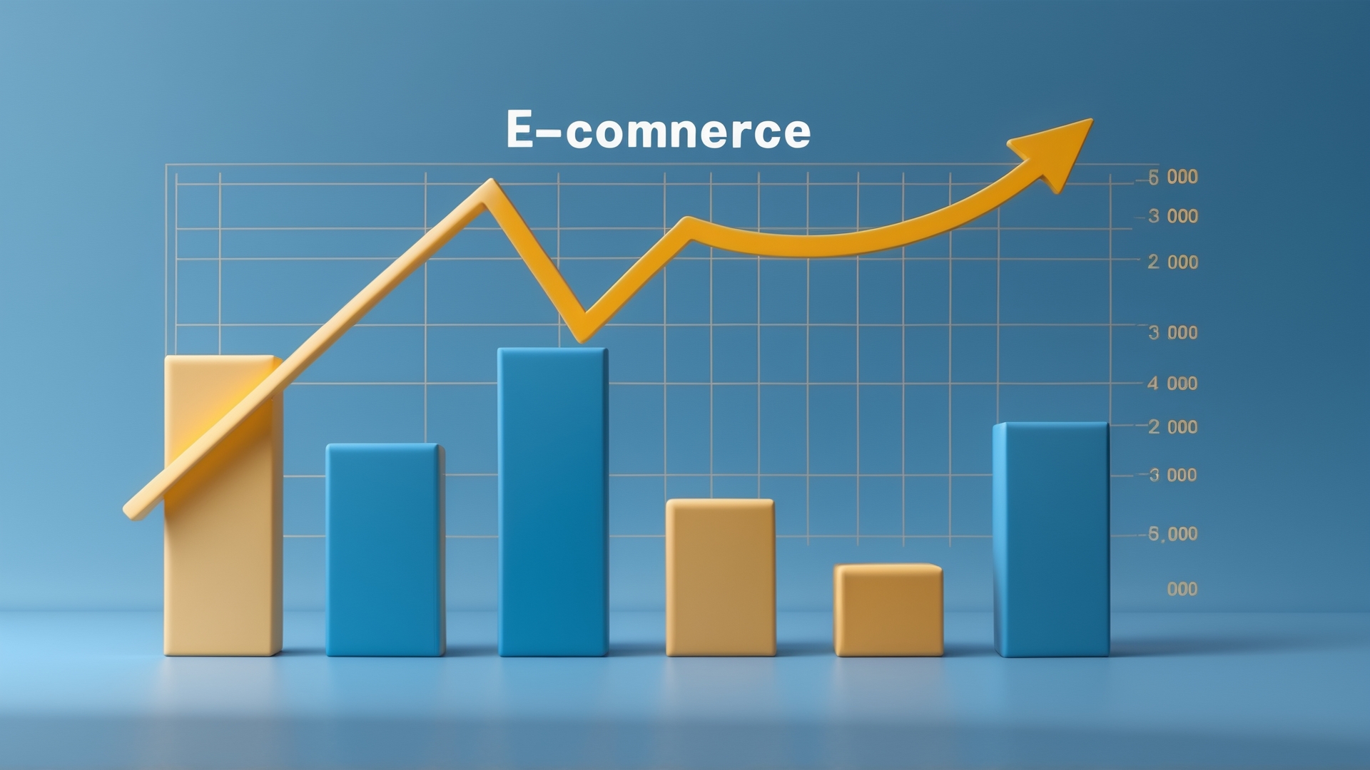 Gráfico 3D de crescimento do e-commerce, com barras azuis e amarelas, mostrando aumento nas vendas ao longo do tempo.