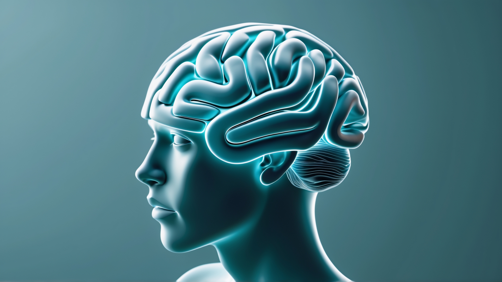 Modelo tridimensional de um cérebro destacado em azul, posicionado sobre um busto humano, representando conceitos de neurociência e cognição. Fundo suavemente iluminado para realçar os detalhes anatômicos.