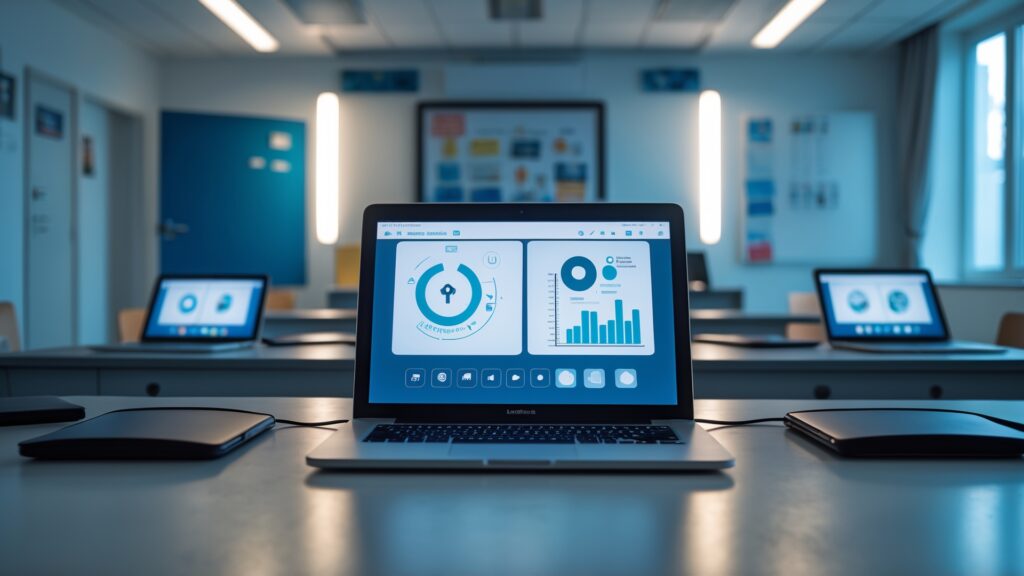 Imagem de um ambiente de sala de aula moderna, com um laptop exibindo gráficos e estatísticas em destaque. Ao fundo, outros laptops estão dispostos em mesas, sugerindo uma configuração tecnológica para aprendizado colaborativo. A iluminação é suave, criando um ambiente acolhedor e profissional.