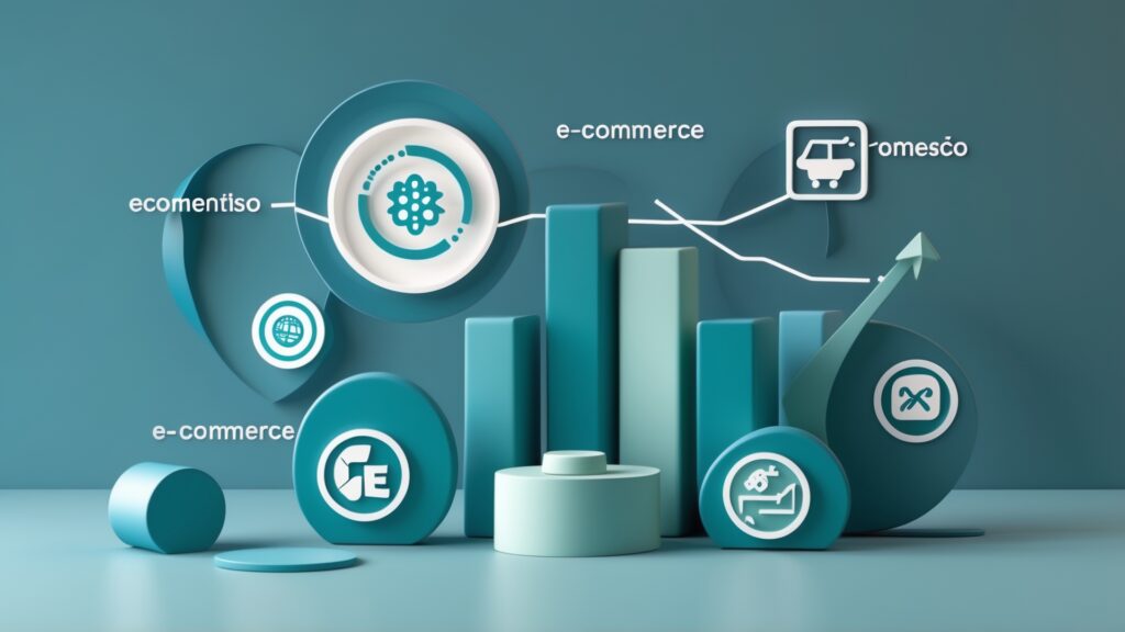 Gráfico estilizado representando conceitos de e-commerce, com ícones sobre comércio eletrônico, crescimento e tendências de mercado, em uma paleta de cores azul e verde.