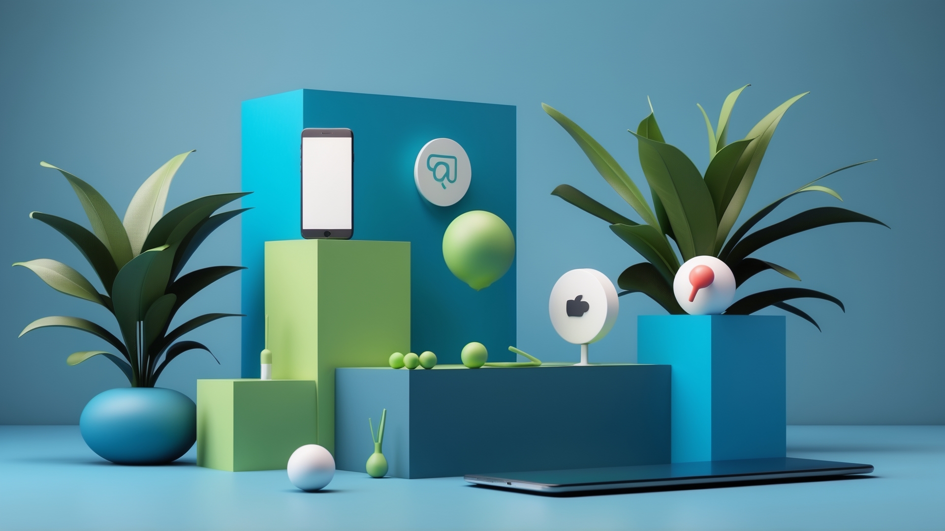 Imagem composta por caixas coloridas em tons de azul e verde, um smartphone em destaque, símbolos de redes sociais e elementos decorativos como plantas e esferas. Ideal para representar tecnologia e estética moderna.