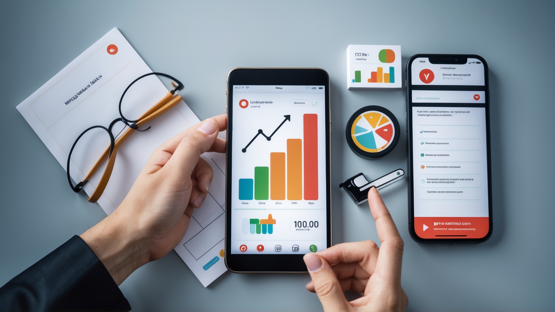 Mão segurando um smartphone exibindo gráficos coloridos e dados; ao lado, outro smartphone com informações analíticas, óculos e um bloco de notas sobre uma mesa.