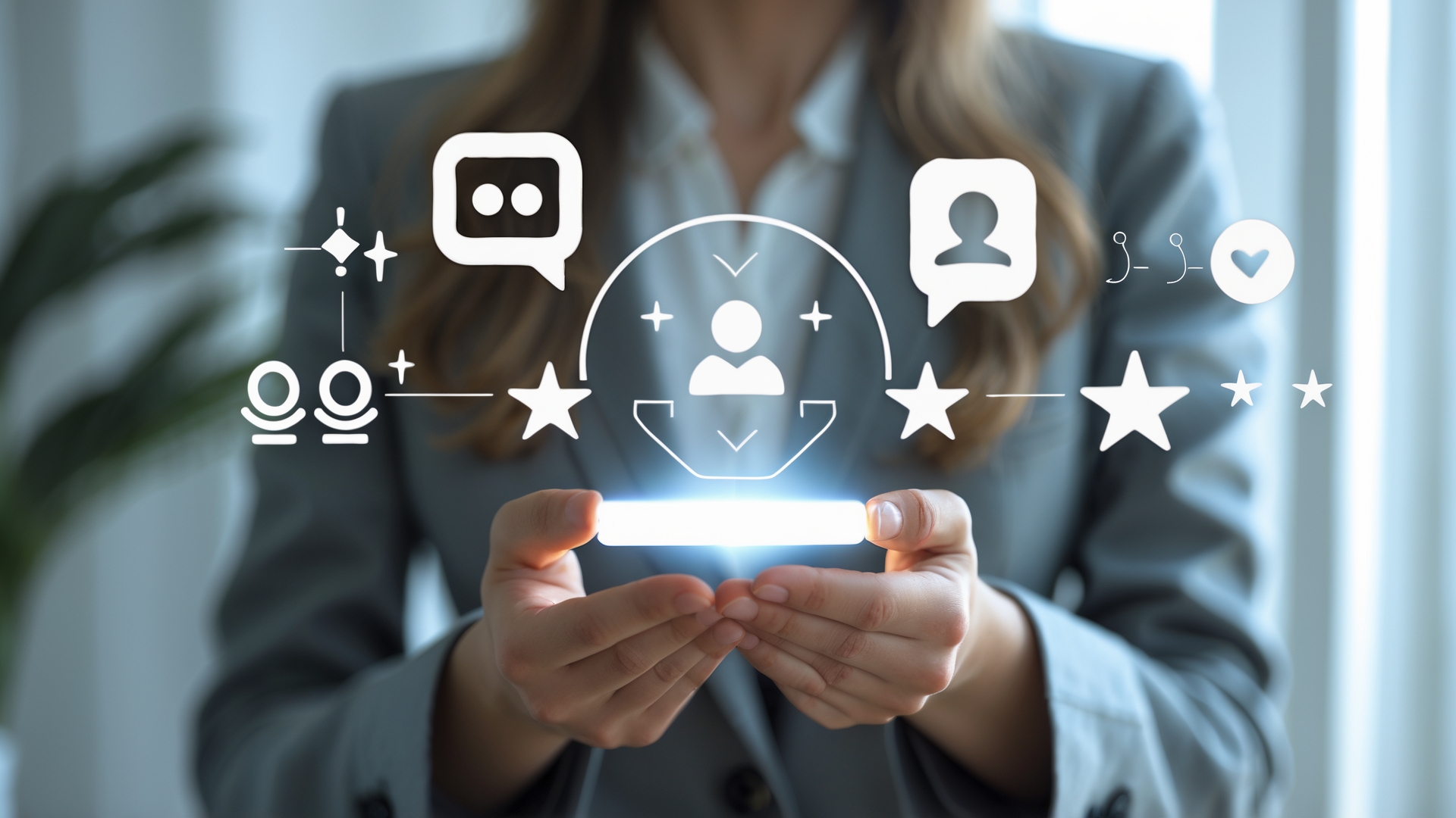 Imagem de uma profissional segurando um objeto iluminado, com ícones de comunicação, usuários e estrelas ao redor, simbolizando interação e feedback digital.