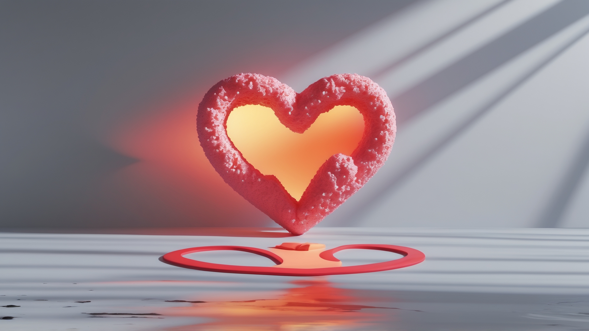Imagem de um objeto decorativo em forma de coração, com textura suave e cor rosa, iluminado por trás, projetando uma luz laranja. A base é redonda e vermelha, com um design minimalista, criando um efeito visual interessante em um fundo neutro. Ideal para temas relacionados ao amor e decoração.