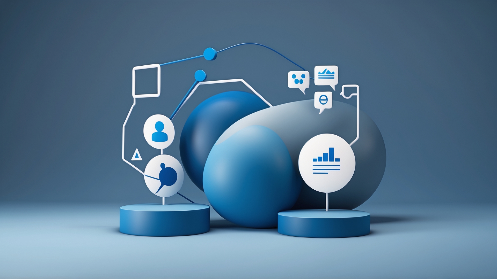 Imagem tridimensional em tons de azul, apresentando formas ovais e círculos, decoradas com ícones que representam redes sociais, comunicação e análise de dados, simbolizando interatividade e tecnologia.