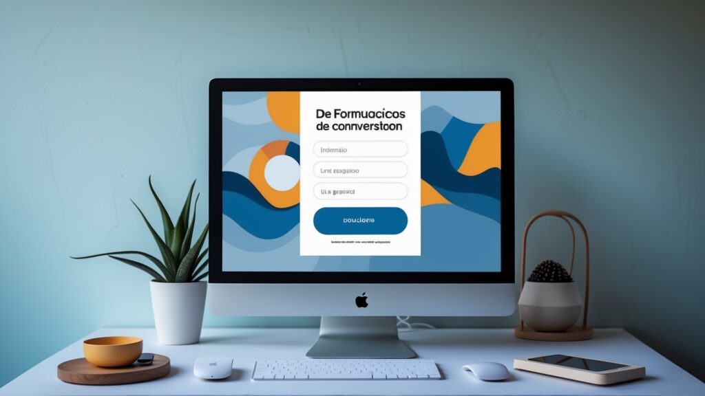 Tela de computador mostrando um formulário de conversão com campos para informações, nome e e-mail. Ambiente minimalista com planta, recipiente amarelo e smartphone na mesa. Ideal para estratégias de marketing digital.