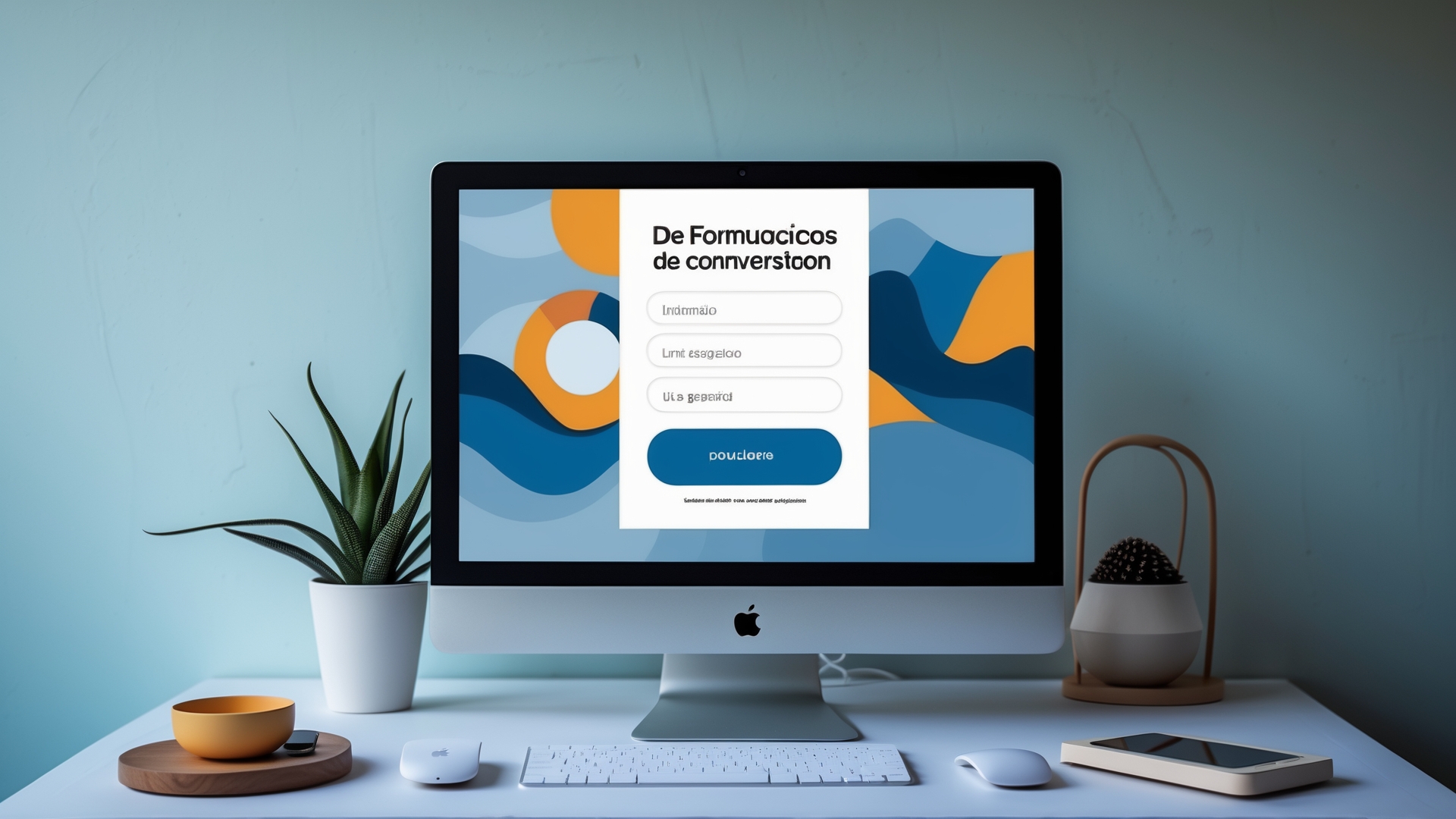 Tela de computador mostrando um formulário de conversão com campos para informações, nome e e-mail. Ambiente minimalista com planta, recipiente amarelo e smartphone na mesa. Ideal para estratégias de marketing digital.