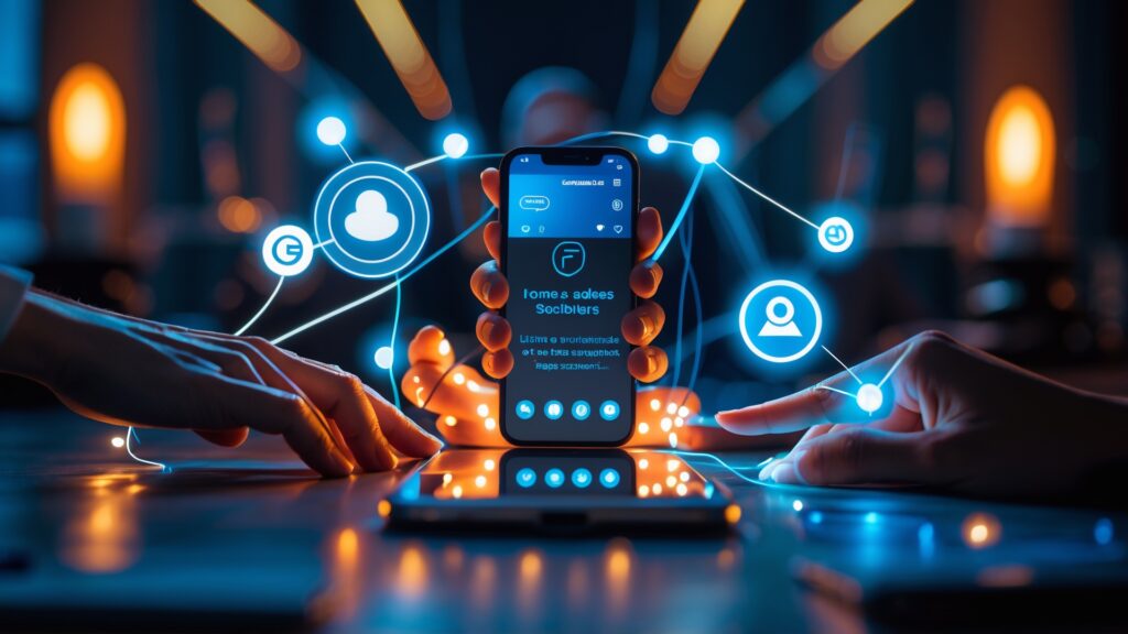 Imagem de um smartphone mostrando uma interface de aplicativo de rede social, com conexões digitais e ícones interativos. Mãos interagindo com a tela refletem um ambiente tecnológico e moderno, sugerindo comunicação e interatividade online.