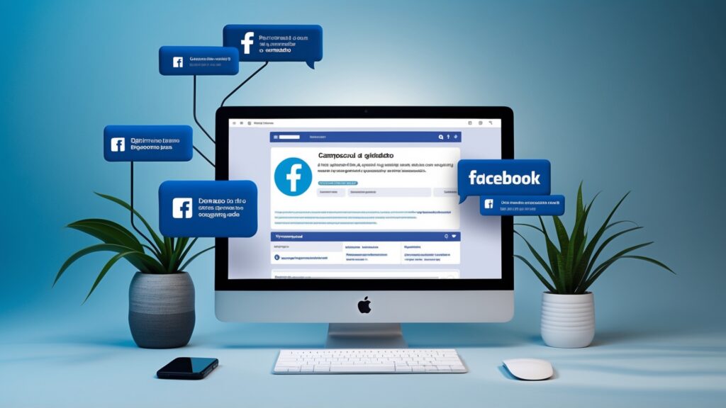 Computador mostrando a interface do Facebook, com balões de texto destacando funcionalidades e dicas de uso, rodeado por plantas decorativas.