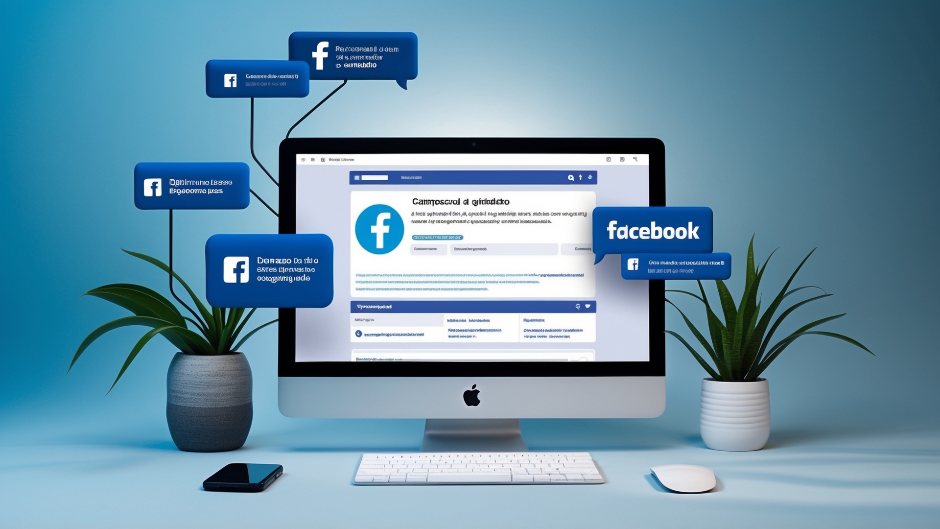 Computador mostrando a interface do Facebook, com balões de texto destacando funcionalidades e dicas de uso, rodeado por plantas decorativas.