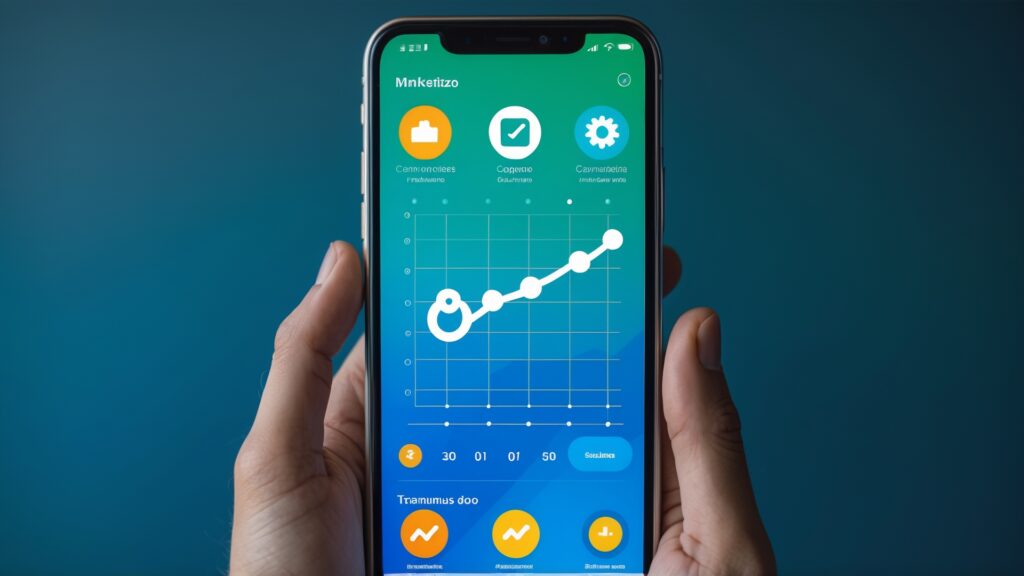 Imagem de um smartphone exibindo um aplicativo de análise de dados, com um gráfico ascendente e ícones de configurações. O fundo é azul e a mão que segura o dispositivo está parcialmente visível.