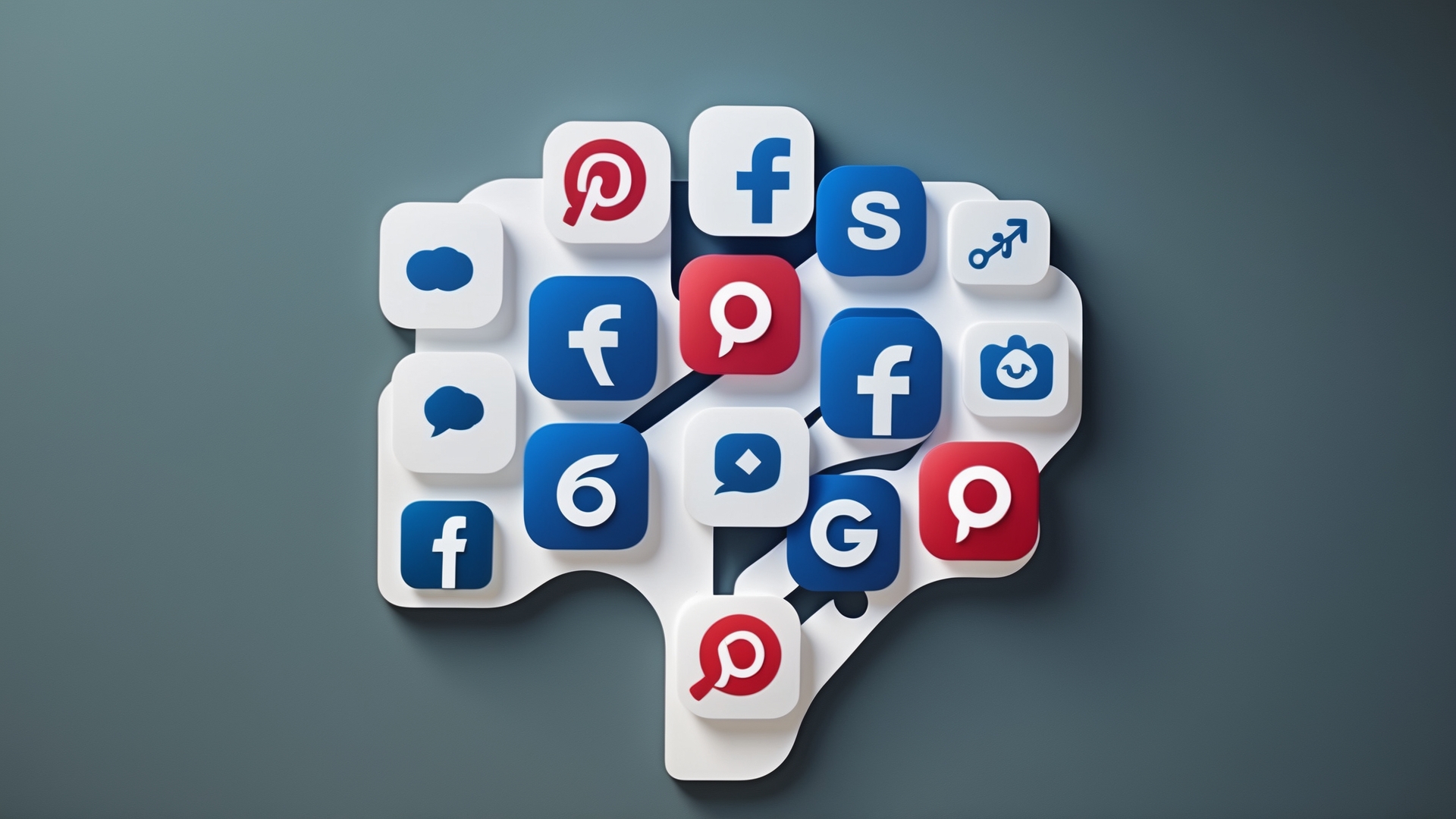 Ilustração de ícones de redes sociais, incluindo Facebook, Pinterest e Google, dispostos em um design em forma de cérebro, simbolizando a conexão e a interação nas mídias digitais.